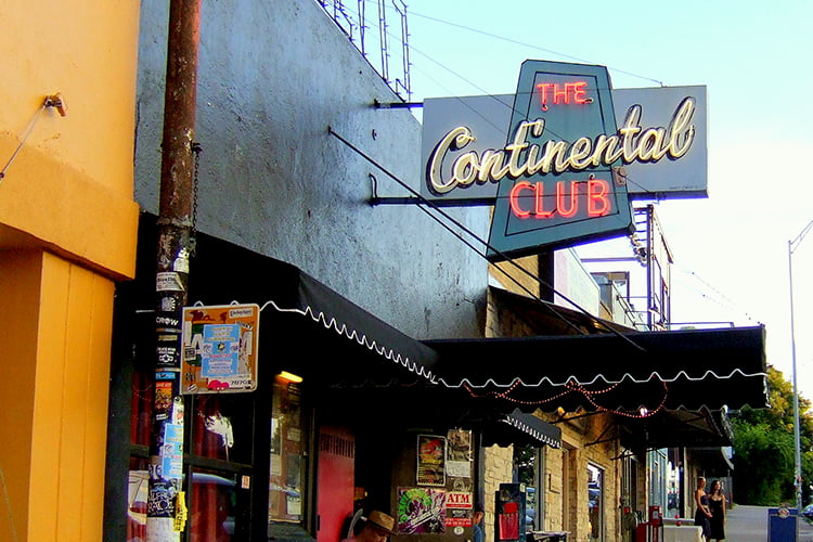 the exterior of the neon sign at Austin's continental club