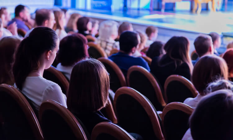 People seated in a theatre, watching a show.